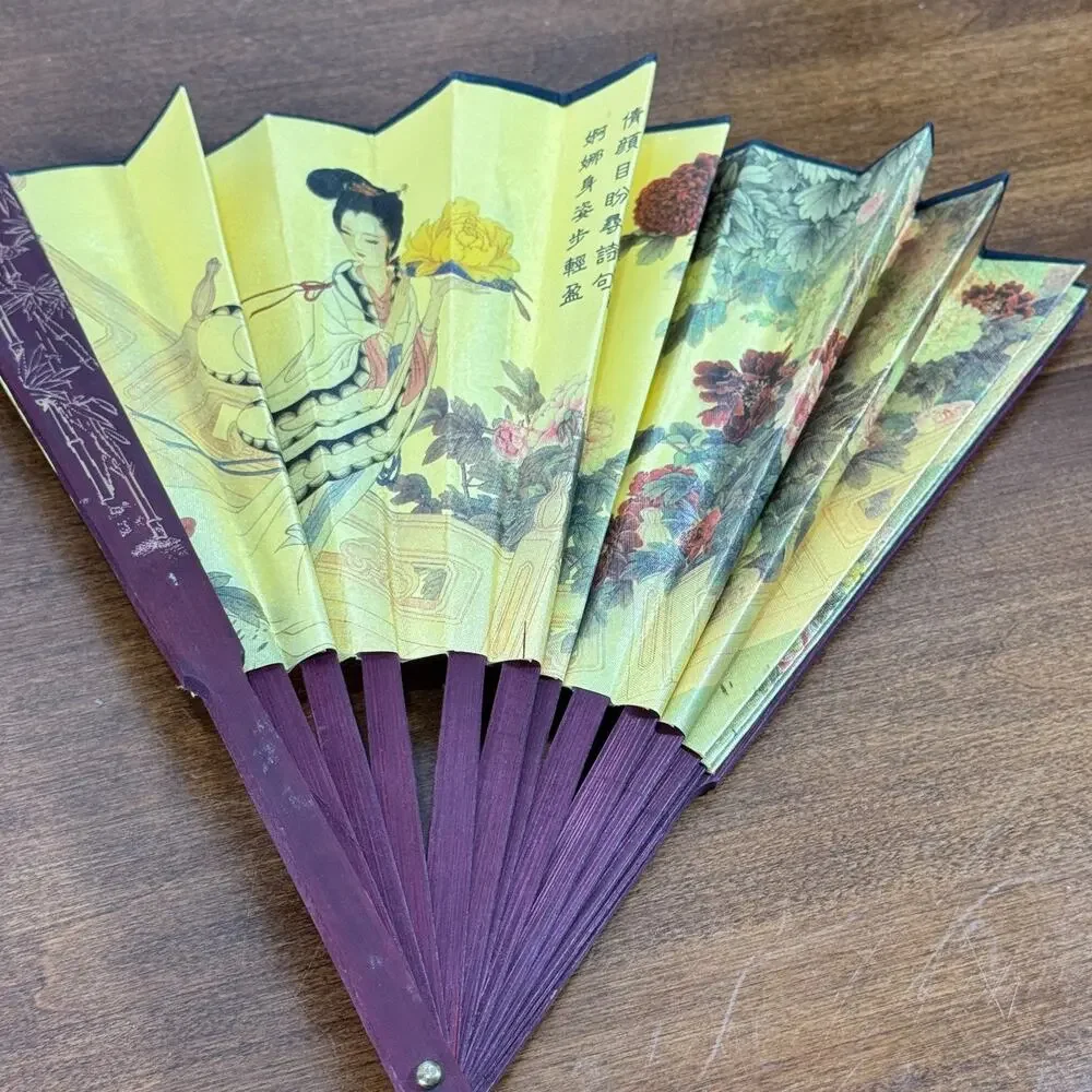 Vintage Asian Folding Hand Fan Geisha Lady Floral Silk Bamboo Wall Decor 9